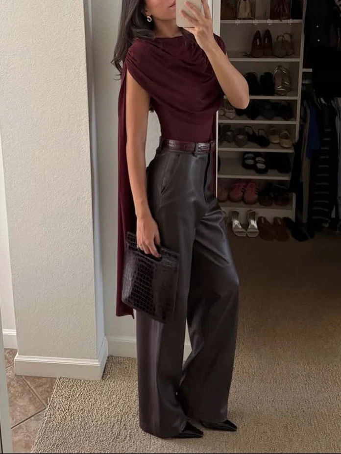 Elegant High-waist Wide-leg Faux Leather Pants