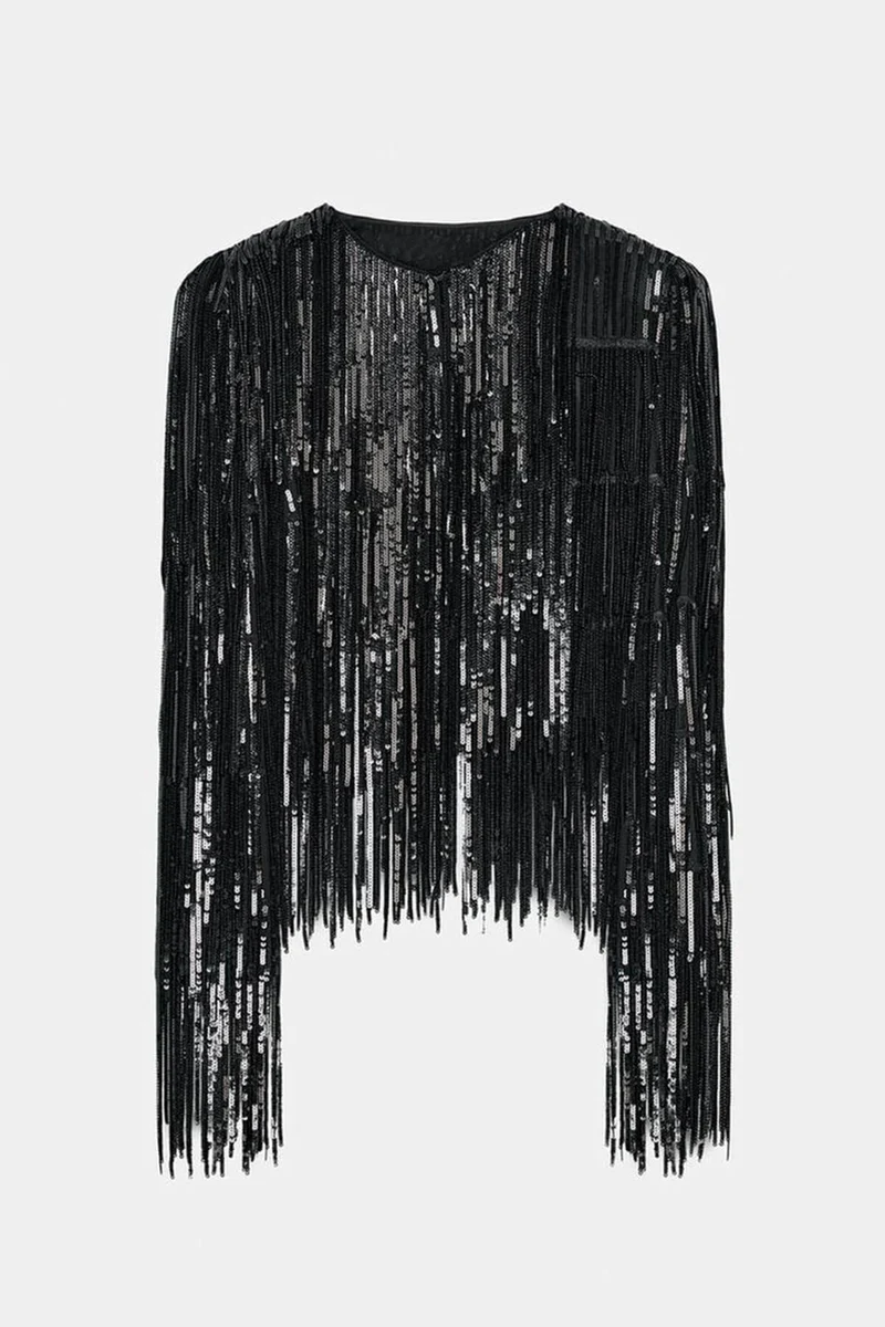 Exquisite Sequin Fringe Long-Sleeve Jacket And Skirt Set