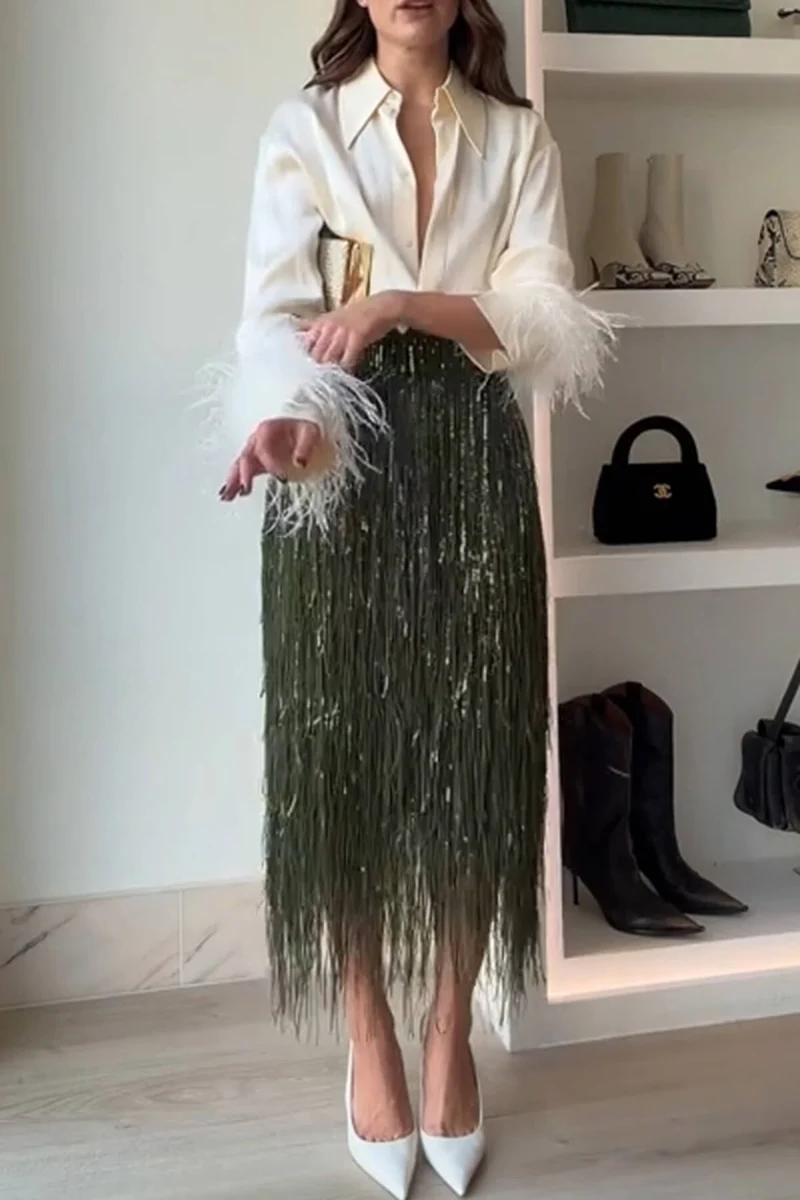 Exquisite Feather-Trim Button-Up Shirt And Sequin Fringe Skirt Set