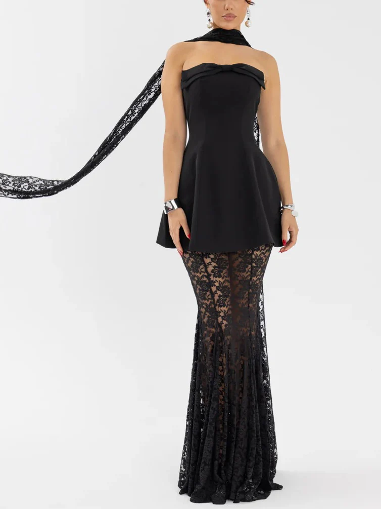 Elegant Strapless Mini Dress And Lace Maxi Skirt Set
