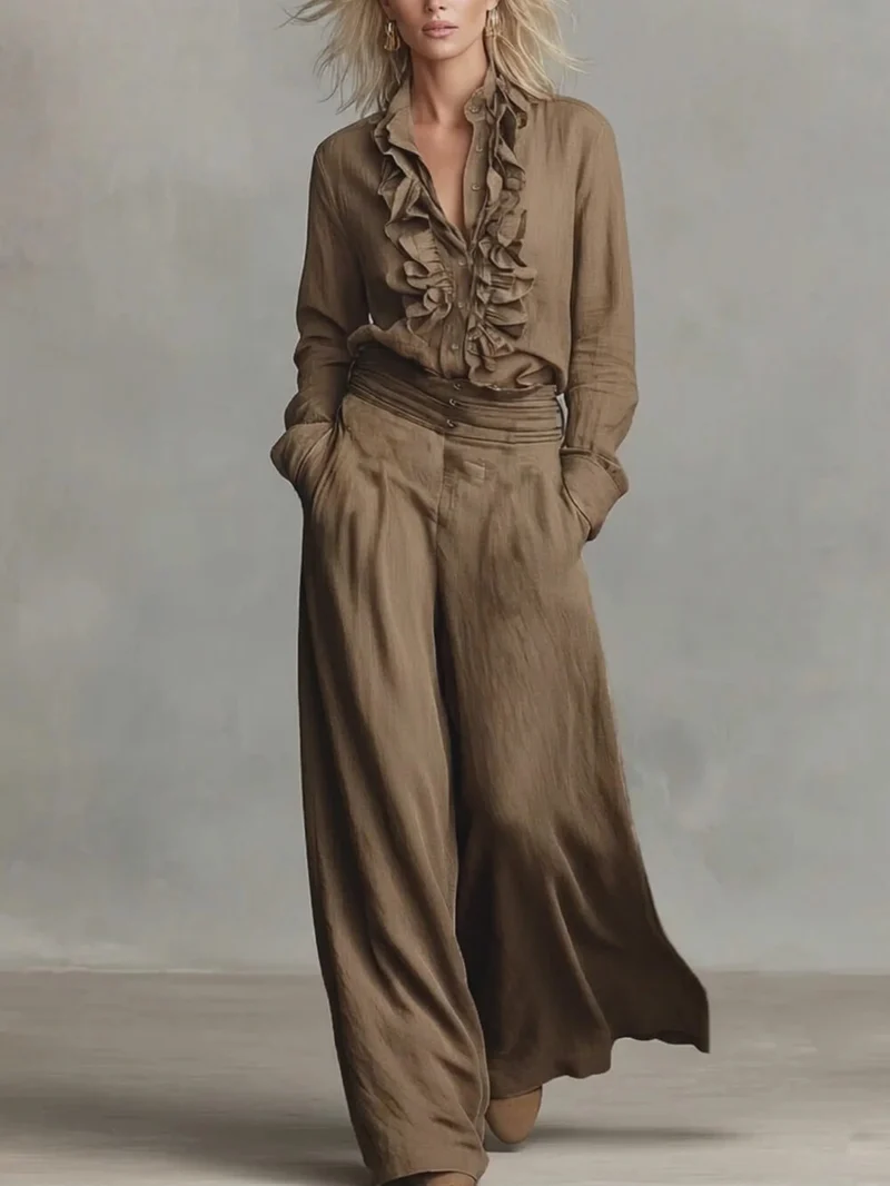 Unique Linen V-Neck Ruffle Collar Shirt