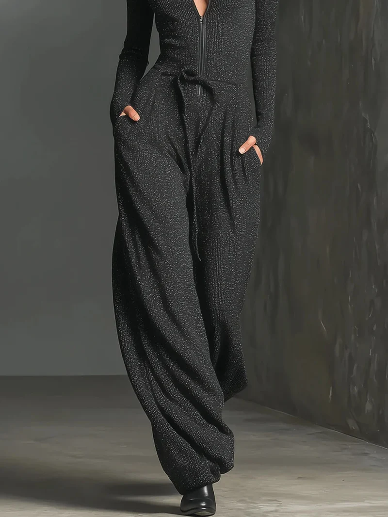 Elegant Knitted Shimmering Zipper Jumpsuit