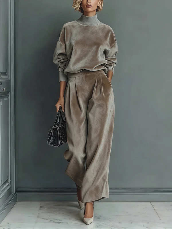 Elegant High-neck Velvet Pleated Wide-leg Pants Two-piece Set