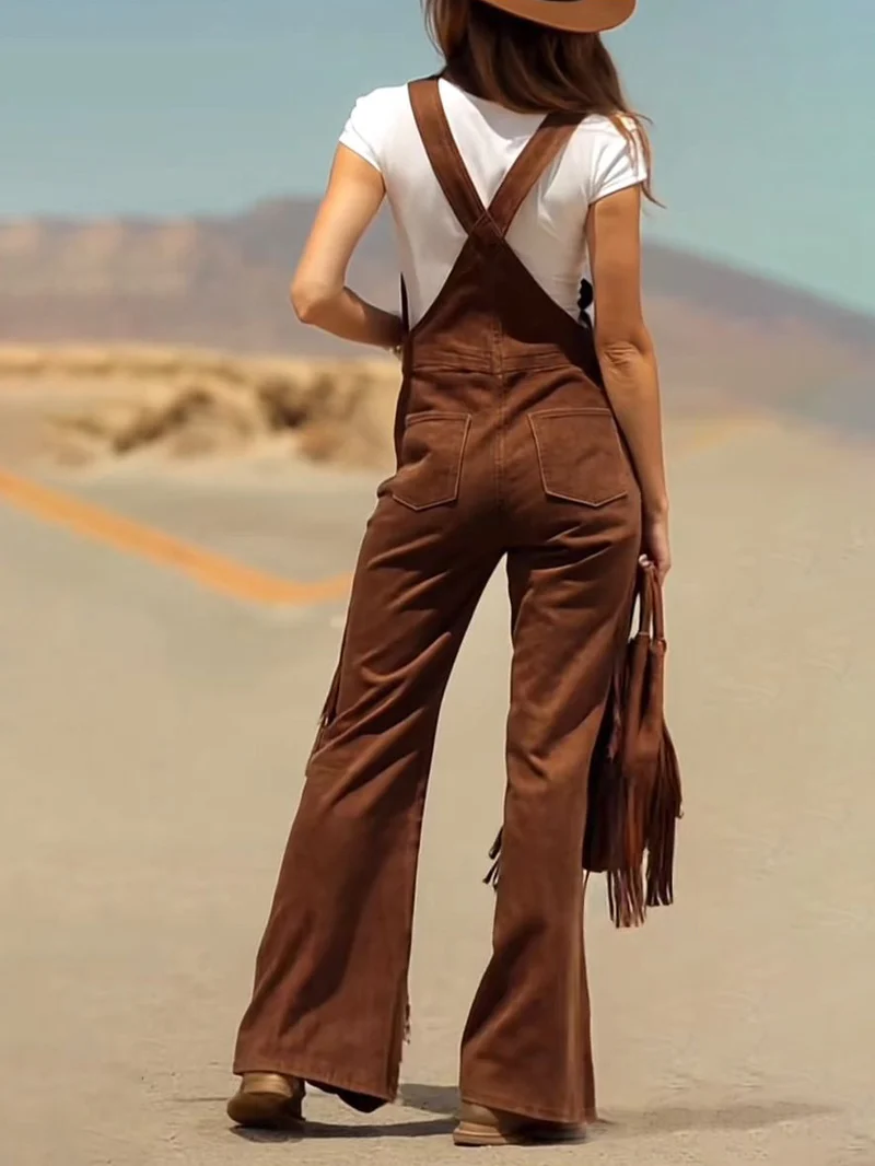 Retro Faux Suede Flared Overalls