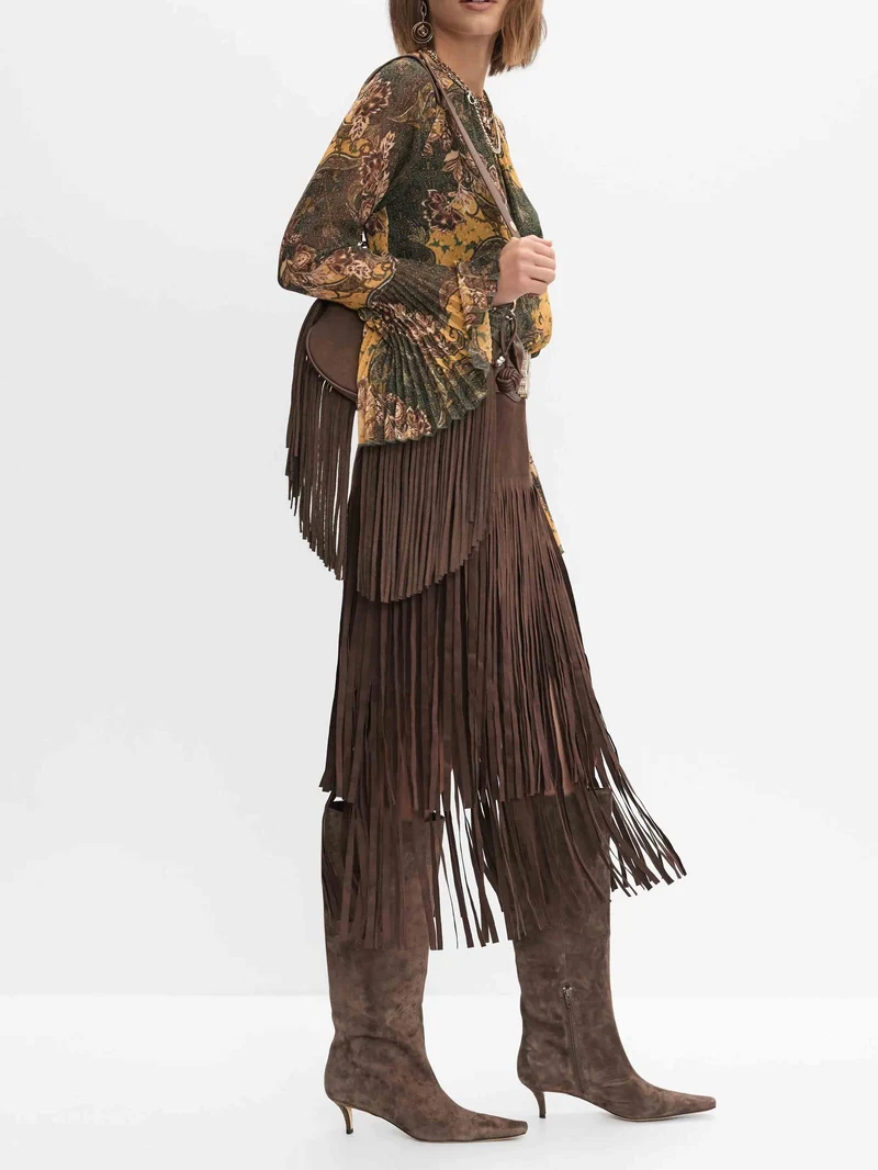 Retro Paisley Print Bell-sleeve Shirt Two-piece Set