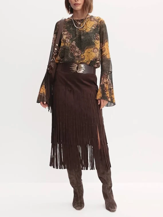 Retro Paisley Print Bell-sleeve Shirt Two-piece Set