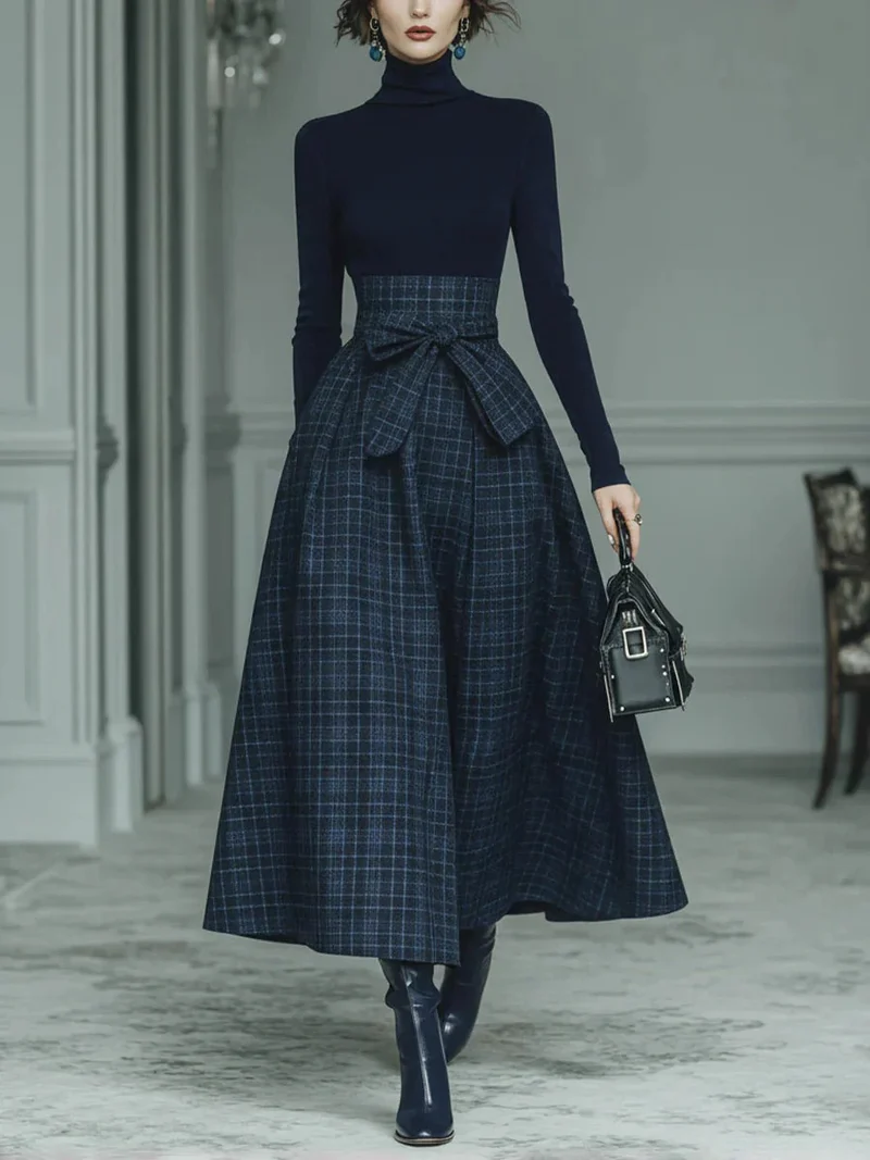 Exquisite High-neck Stretch Top And Plaid Skirt Two-piece Set