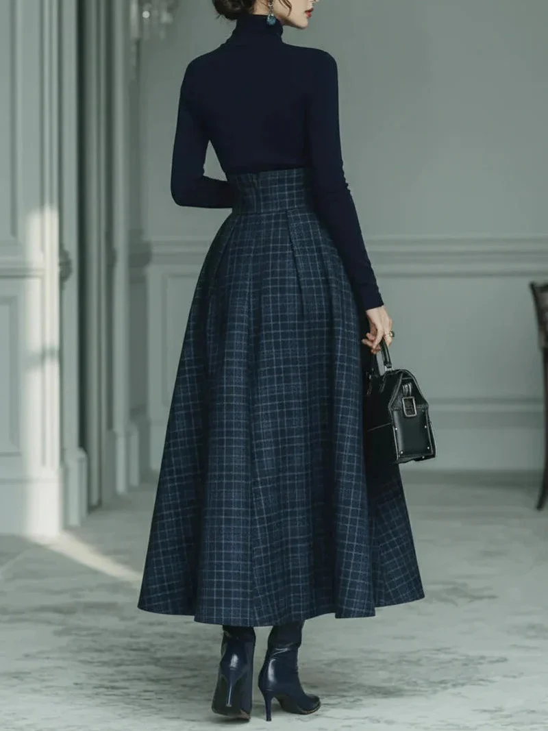 Exquisite High-neck Stretch Top And Plaid Skirt Two-piece Set
