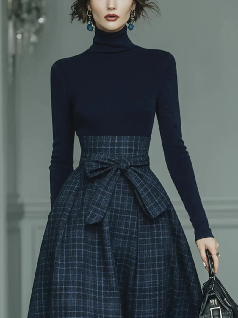 Exquisite High-neck Stretch Top And Plaid Skirt Two-piece Set