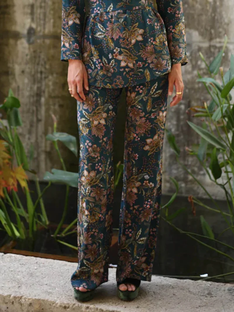 Retro Unique Floral Print Elastic Waist Pocket Pants