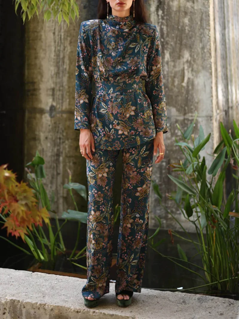 Retro Unique Floral Print Elastic Waist Pocket Pants