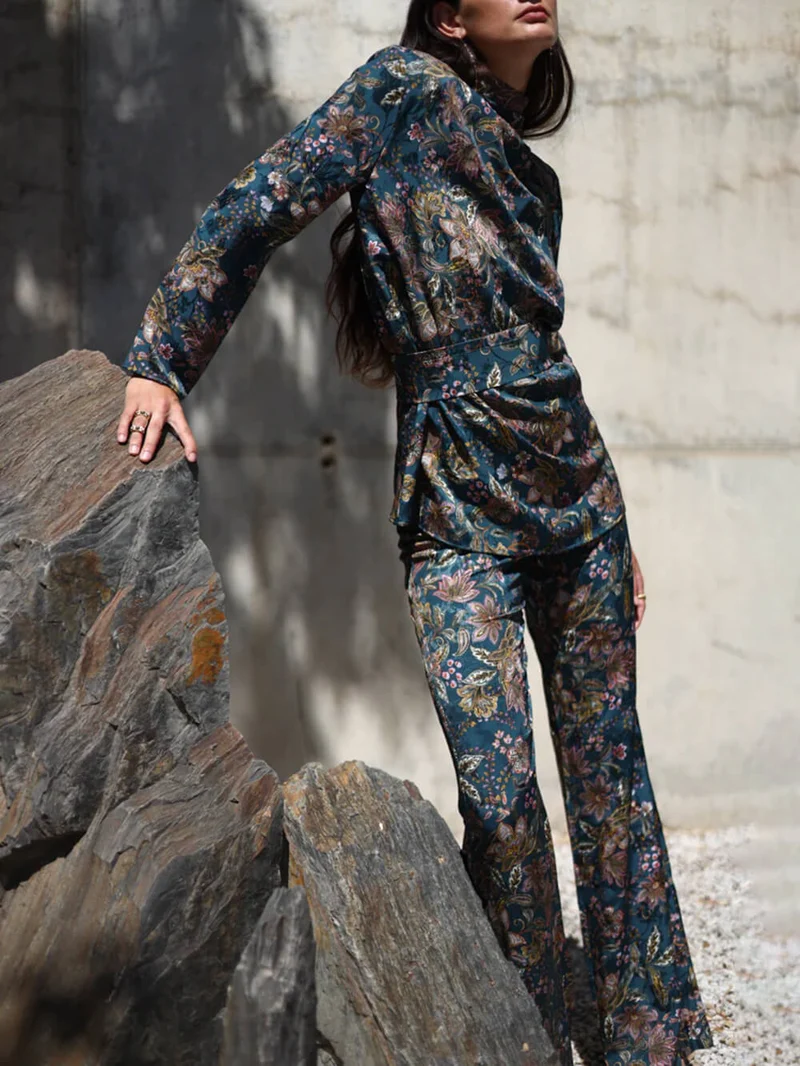 Retro Unique Floral Print Elastic Waist Pocket Pants