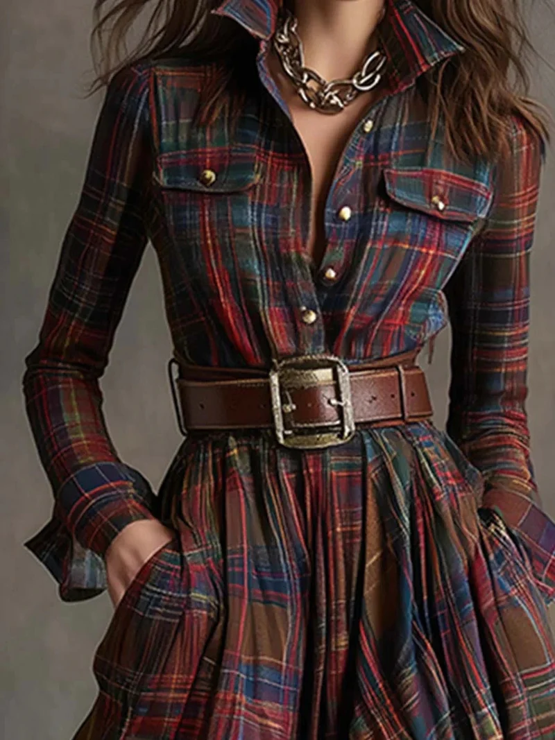 Retro Lapel Plaid Single-Breasted Maxi Dress
