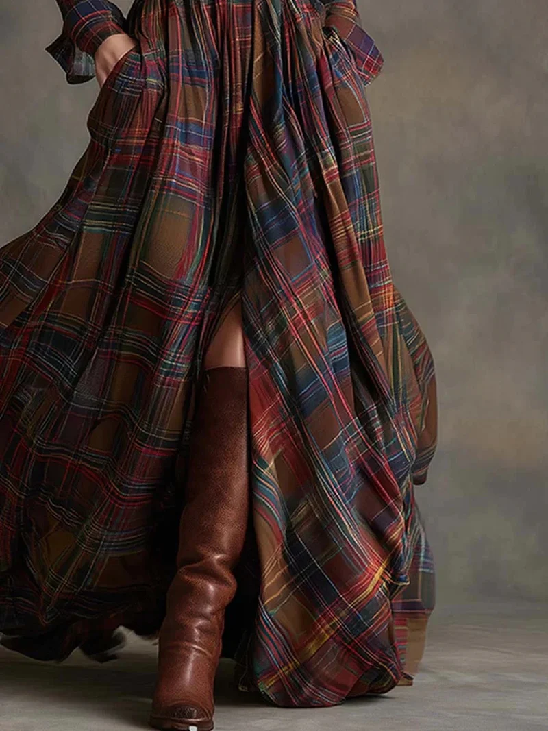 Retro Lapel Plaid Single-Breasted Maxi Dress
