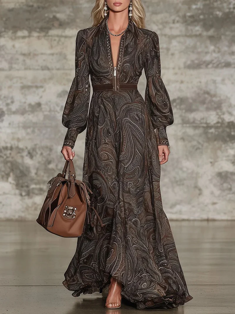 Retro Paisley Print Zipper Maxi Dress