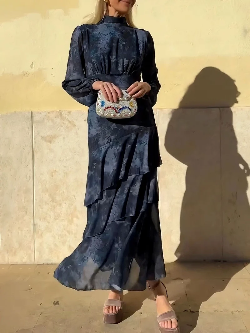 Exquisite Gradient Floral Print Layered Ruffle Maxi Dress
