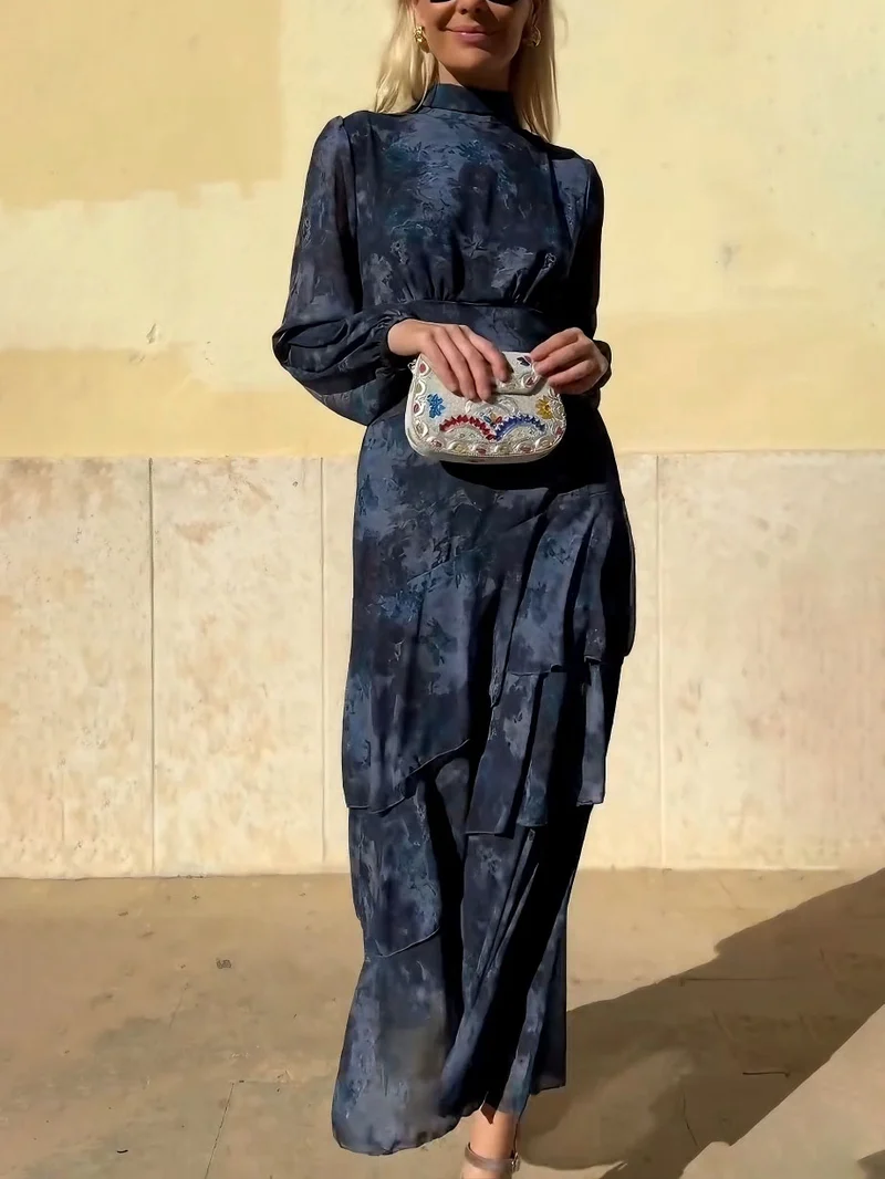 Exquisite Gradient Floral Print Layered Ruffle Maxi Dress