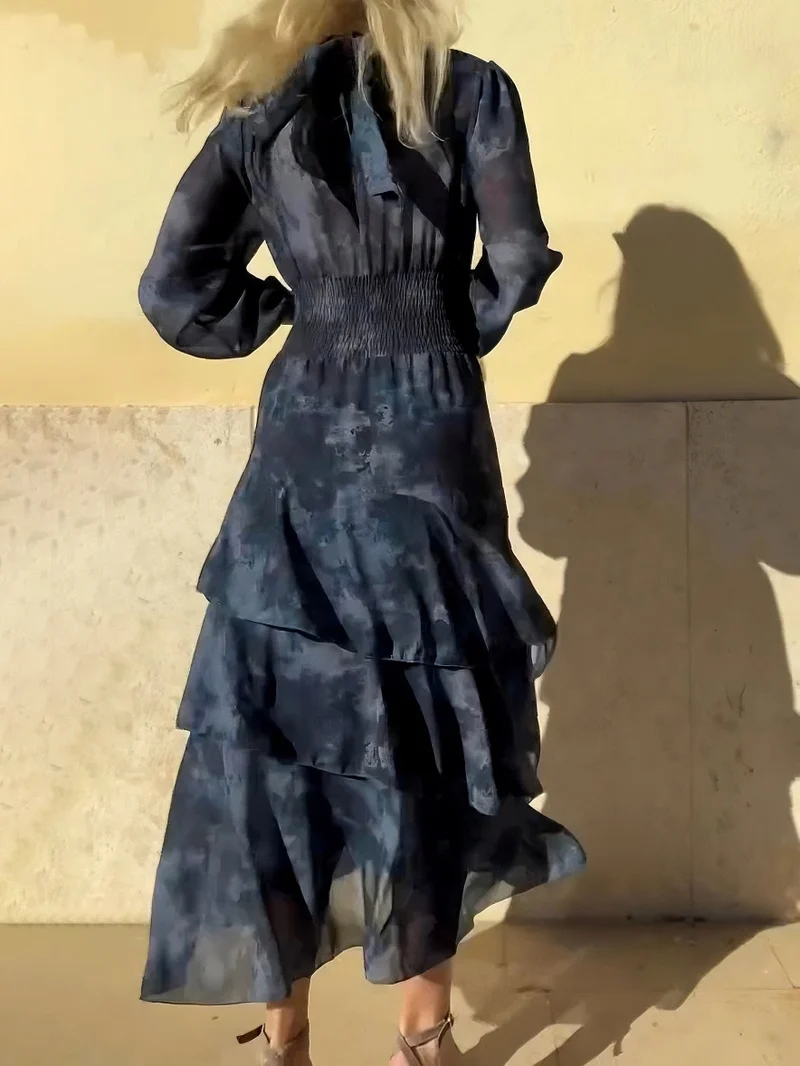 Exquisite Gradient Floral Print Layered Ruffle Maxi Dress
