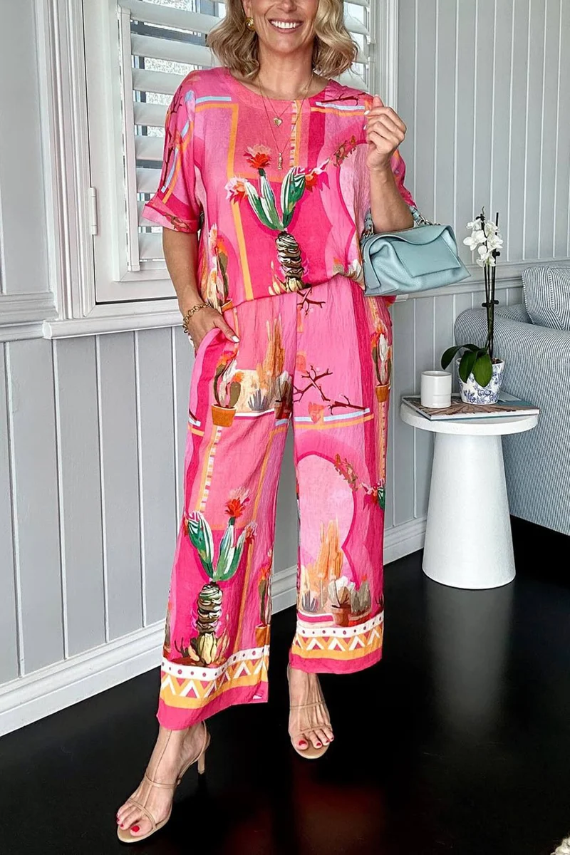 Unique Floral Print Loose-Fit Pockets Wide-Leg Pants