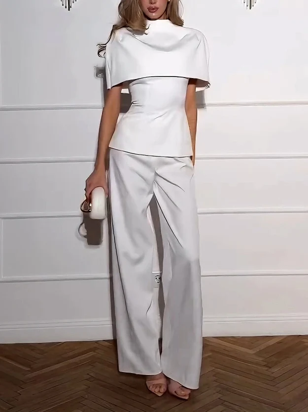 Elegant Cape-Style Top & Wide-Leg Pants Two-Piece Set