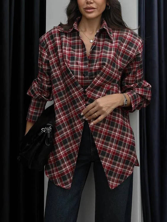 Casual Plaid Asymmetrical Padded Shoulder Shirt