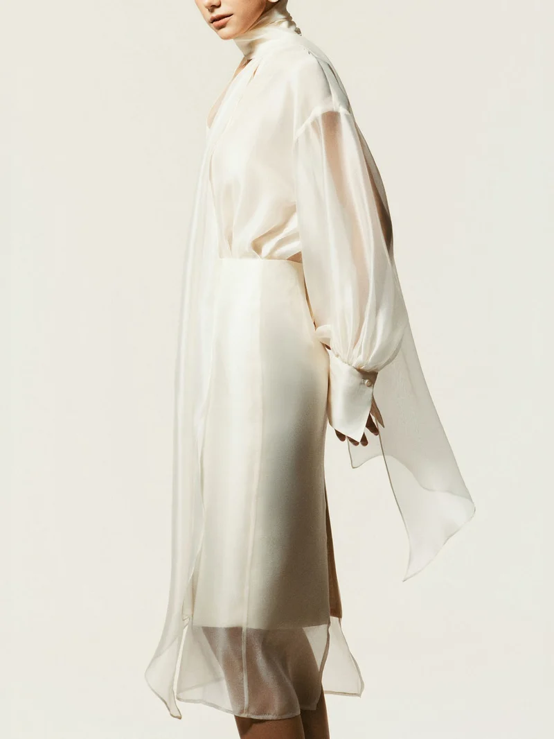 Elegant Sheer Scarf Blouse & Layered Midi Skirt Set