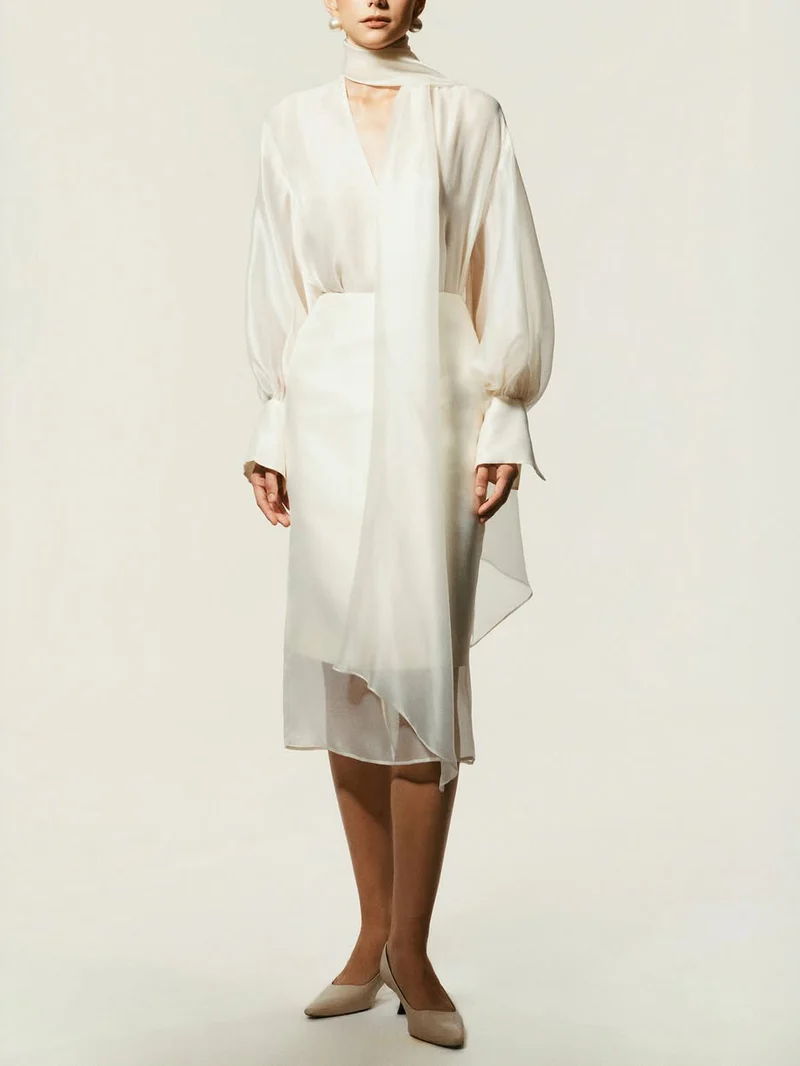 Elegant Sheer Scarf Blouse & Layered Midi Skirt Set