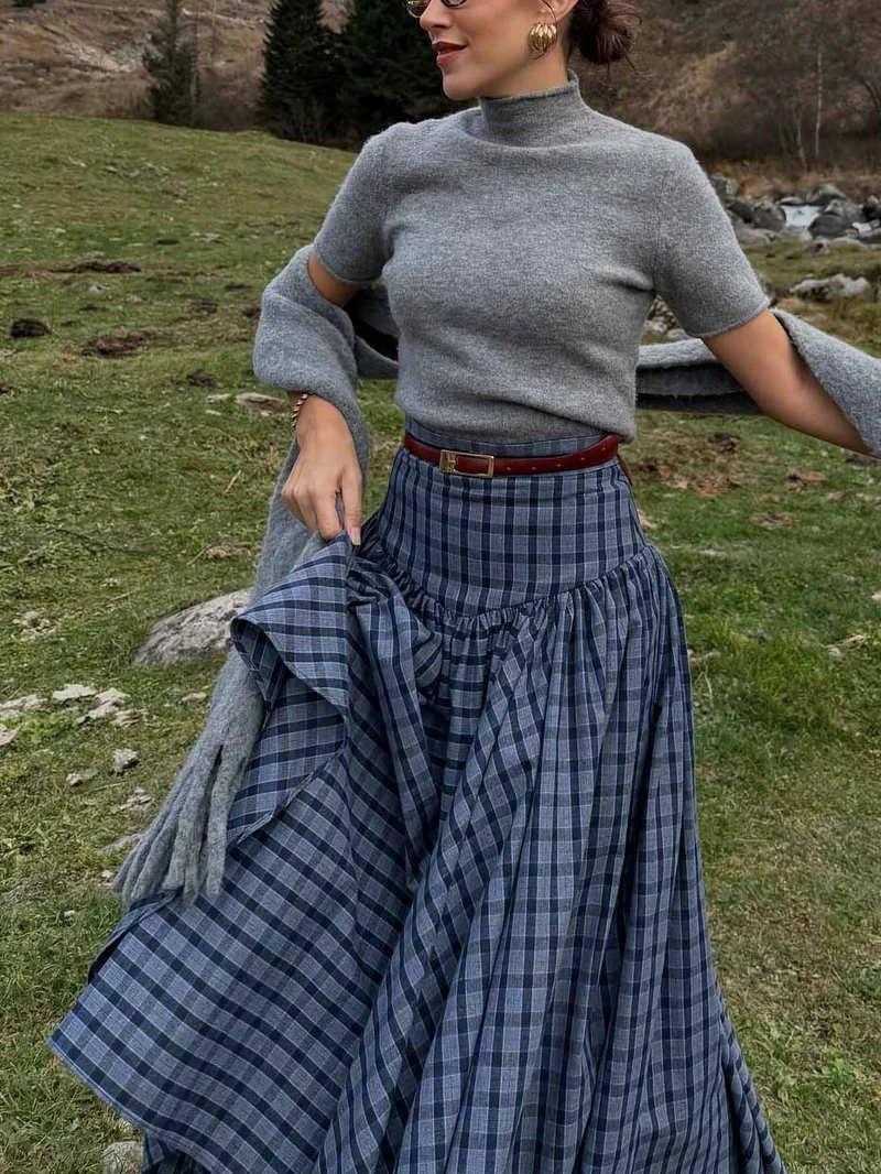 Retro Plaid Maxi Skirt Two-piece Set