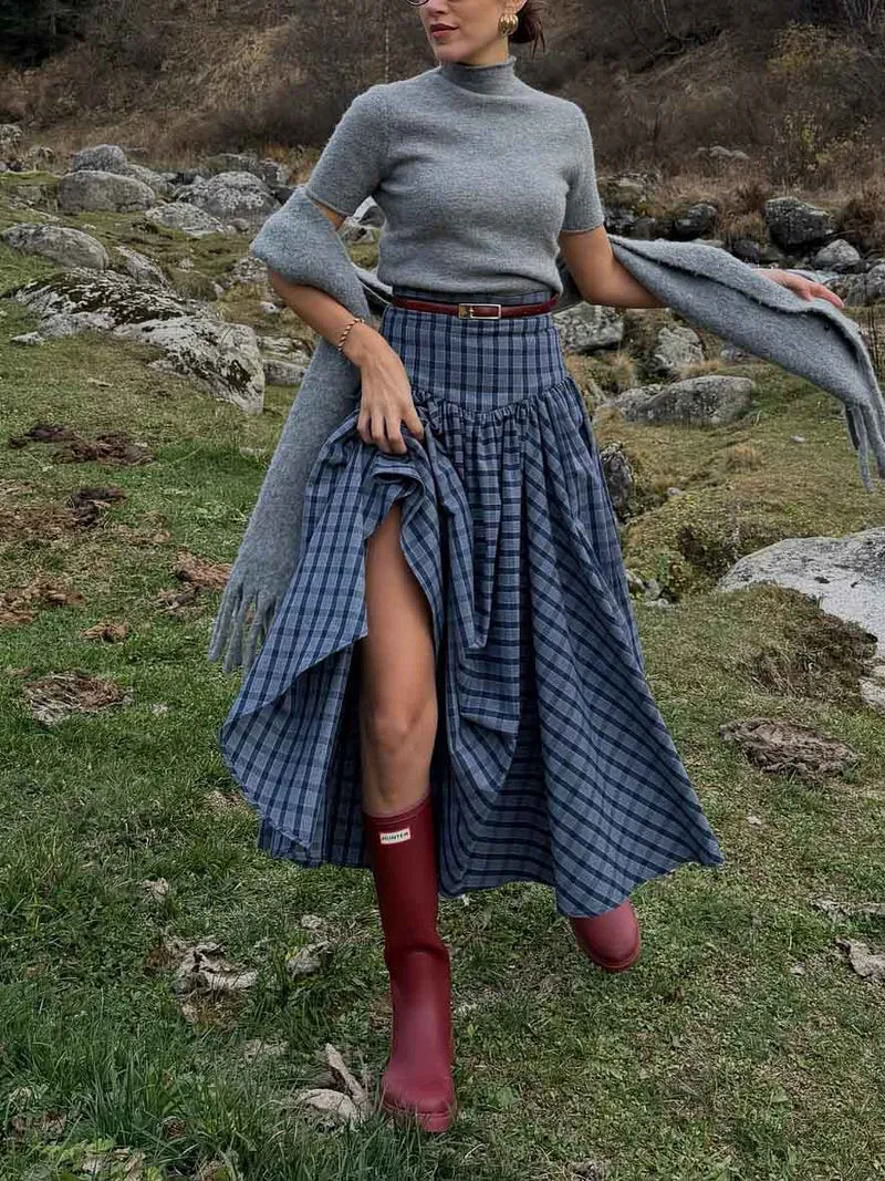 Retro Plaid Maxi Skirt Two-piece Set