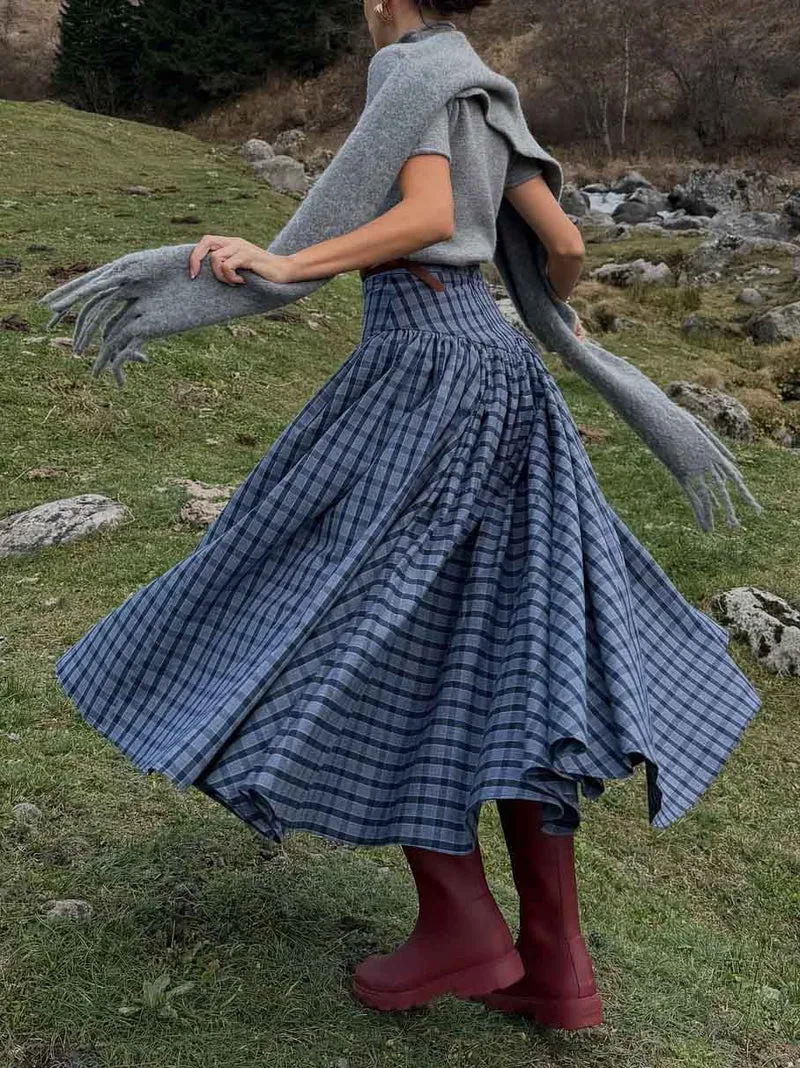 Retro Plaid Maxi Skirt Two-piece Set