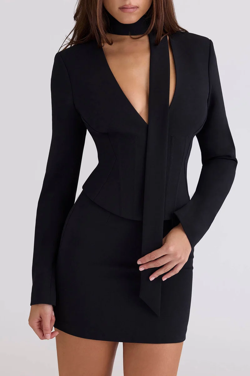 Elegant Sexy V-Neck Belted Top And Crepe Shaping Mini Skirt Set