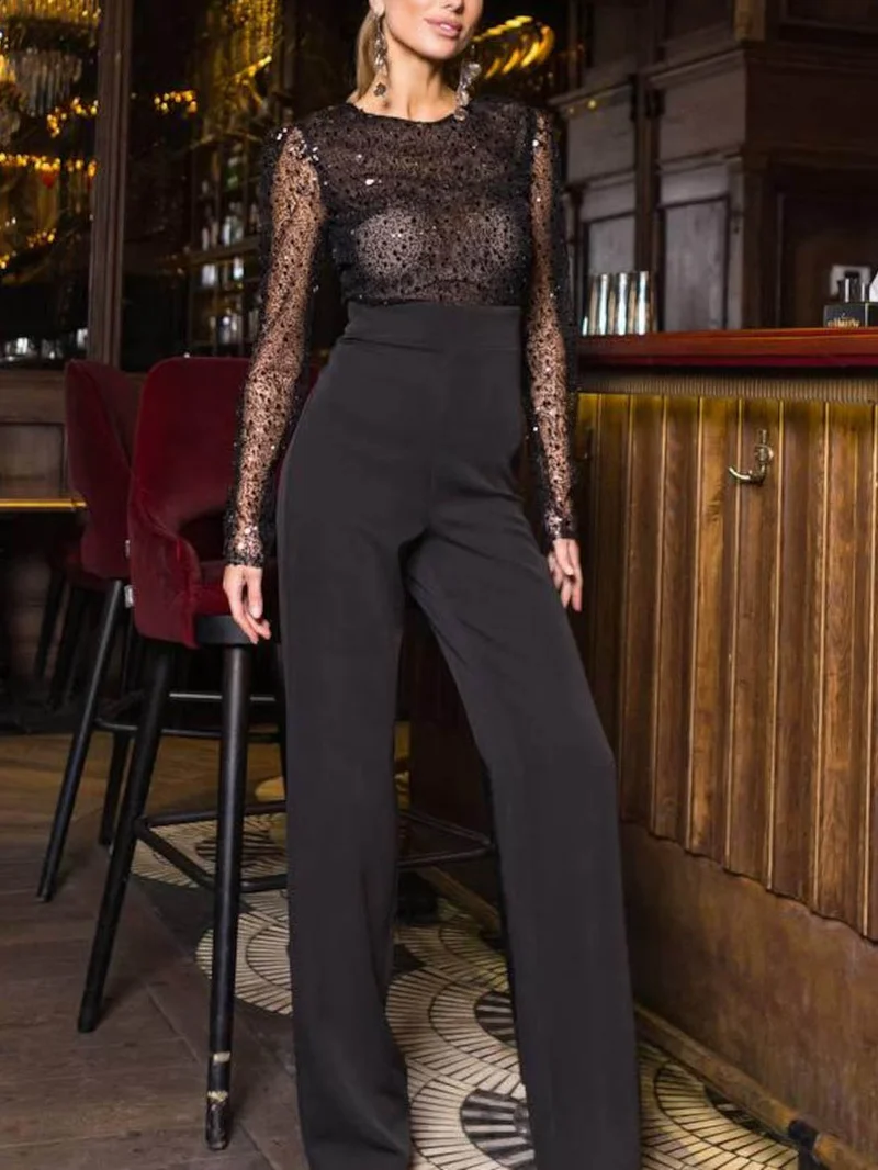 Elegant Sequined Long-sleeved Jumpsuit