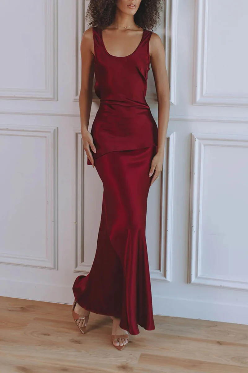 Elegant Asymmetrical Round Neck Satin Top and Fishtail Skirt Set