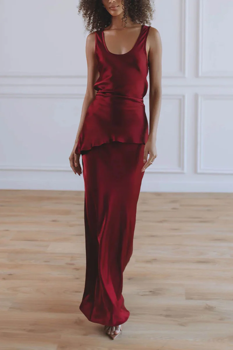 Elegant Asymmetrical Round Neck Satin Top and Fishtail Skirt Set