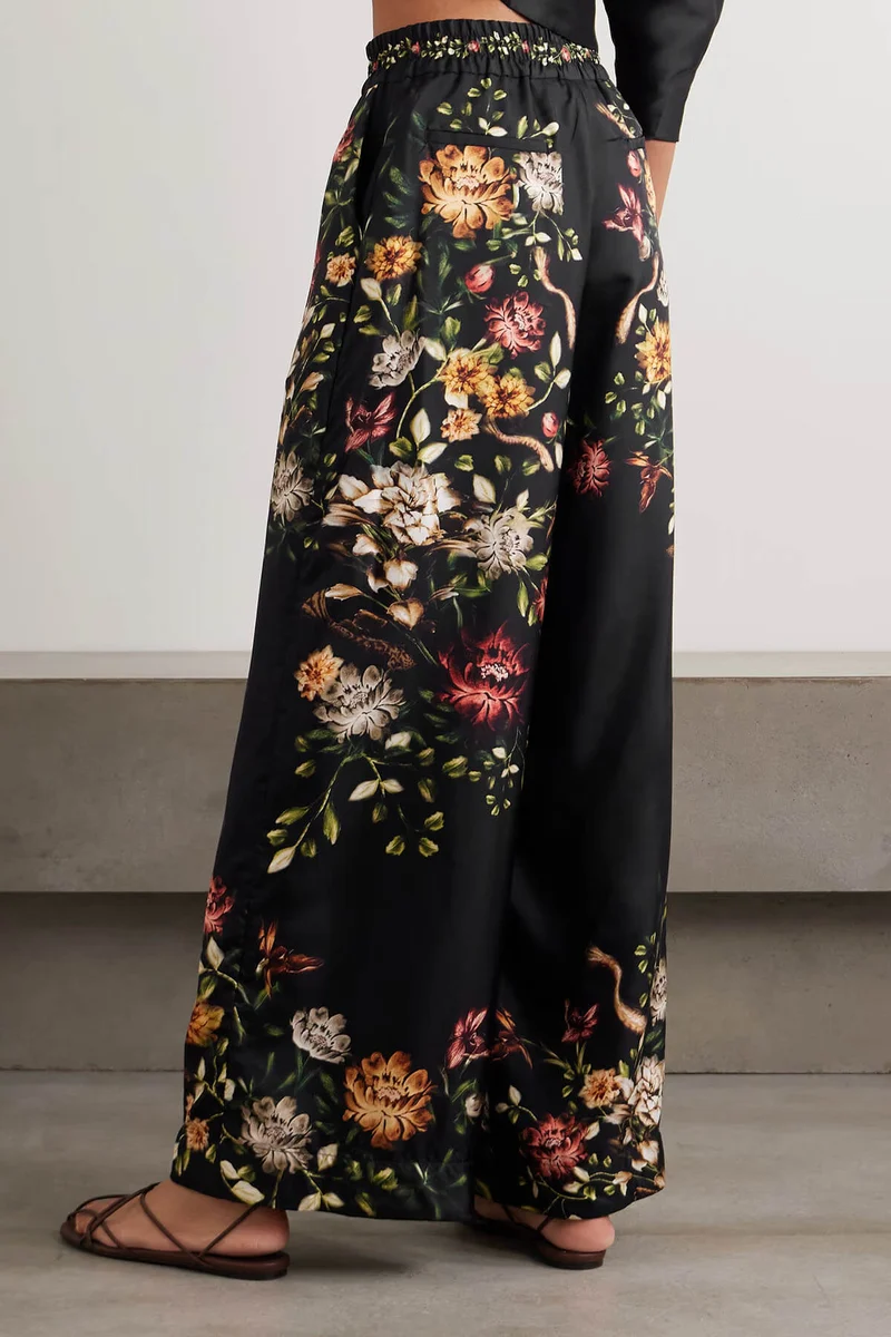 Exquisite Ruched Twill Crop Top & Floral Satin Wide-Leg Pants Set