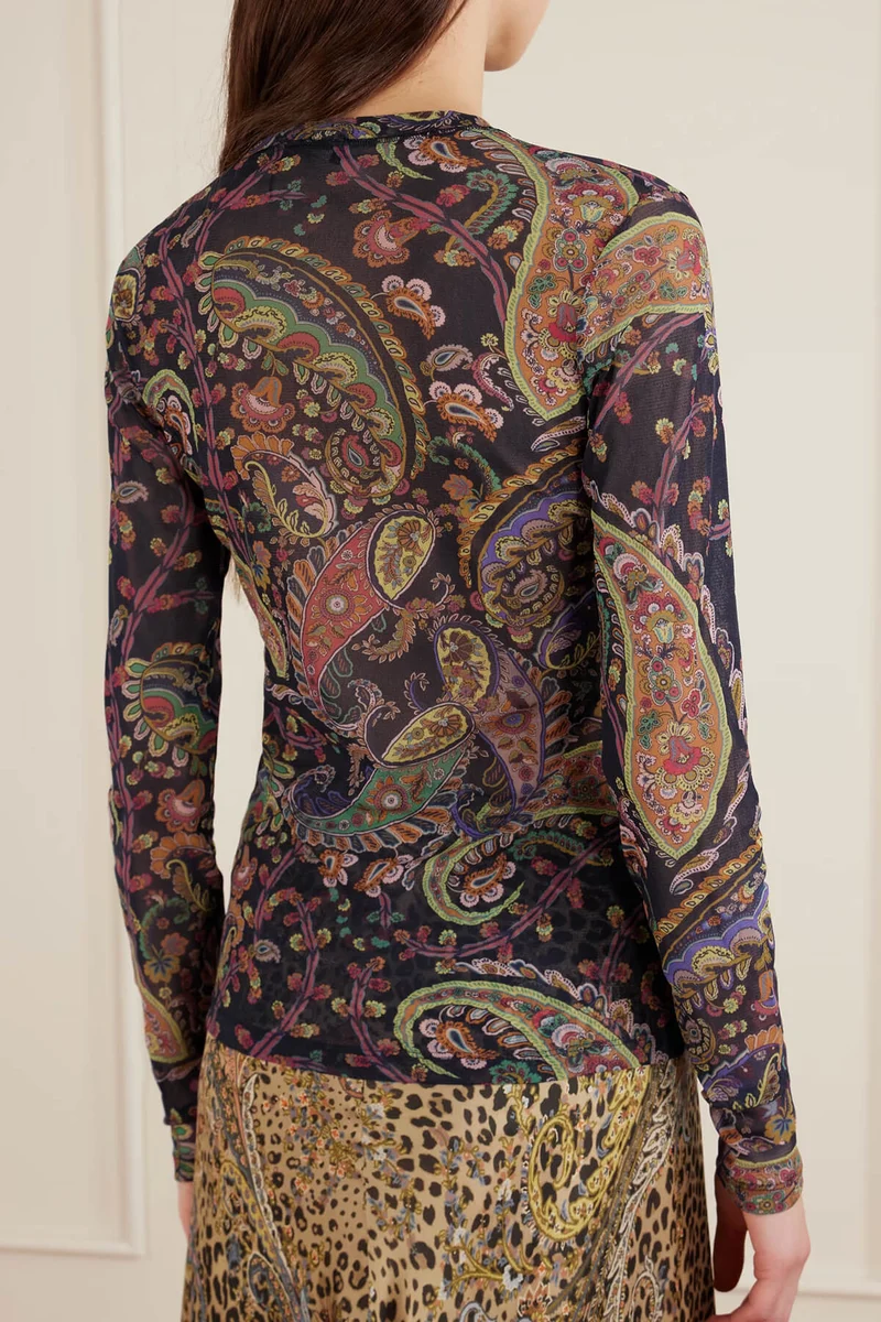 Exquisite Paisley Print Mesh Top