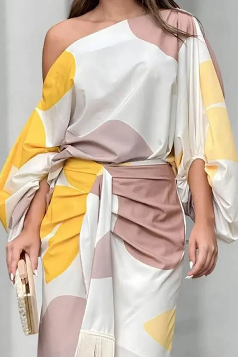Fashionable Elegant Printed Tassel-Trim Midi Skirt