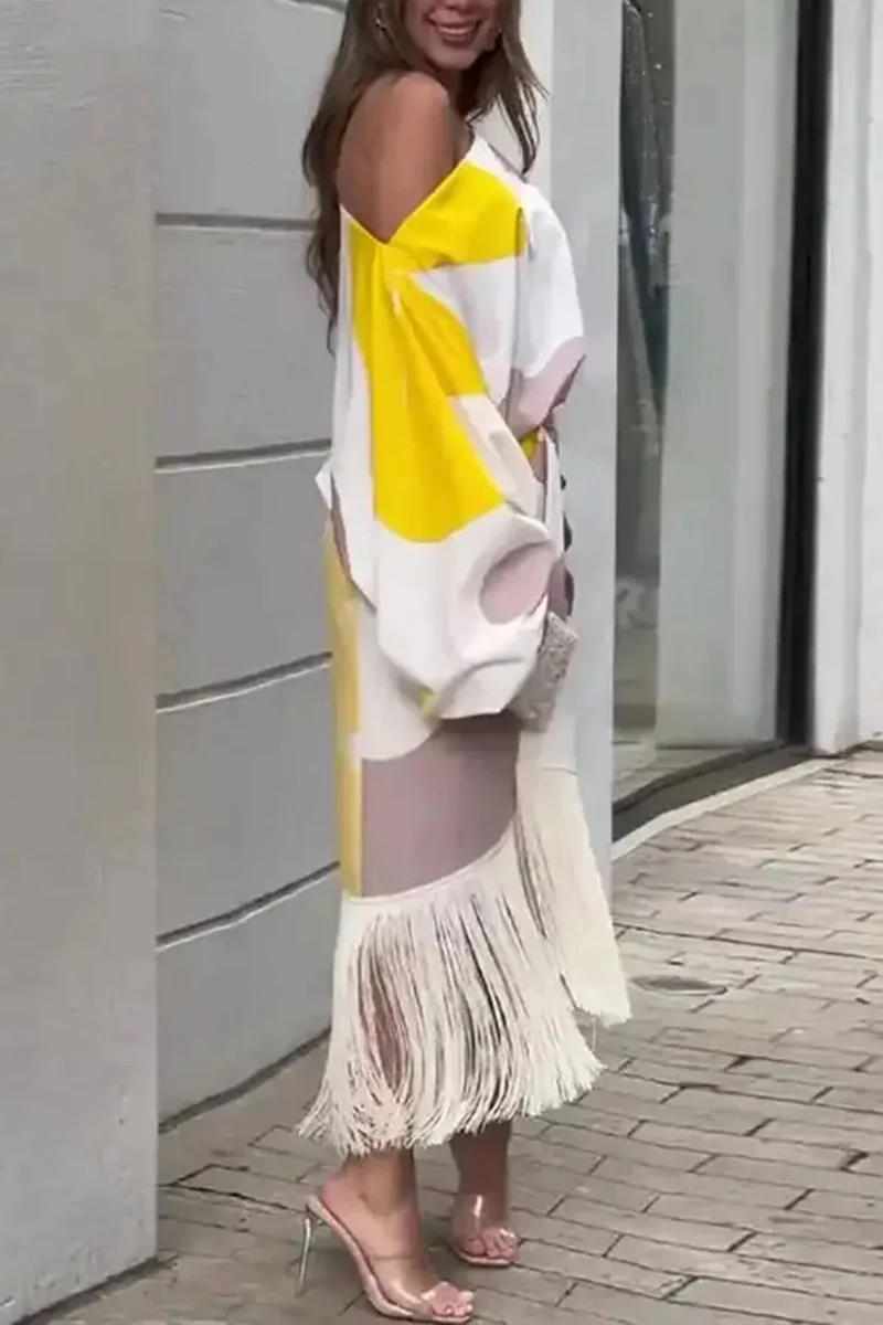 Fashionable Elegant Printed Tassel-Trim Midi Skirt