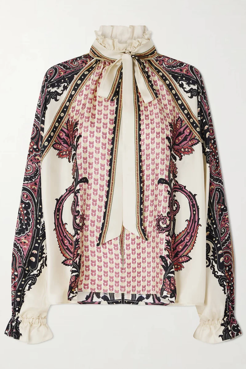 Exquisite Bow Ruffle Floral Printed Satin Twill Blouse