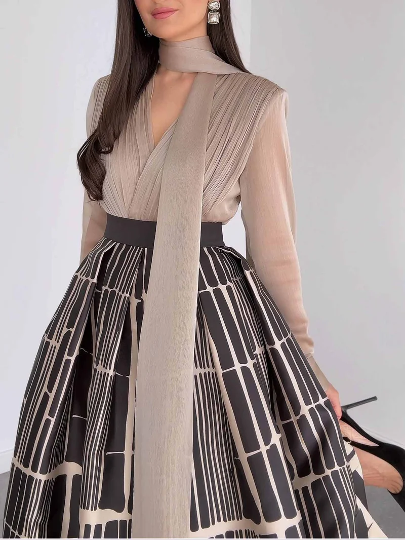 Elegant Satin Printed A-line Skirt Two-piece Set