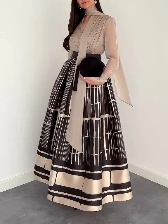 Elegant Satin Printed A-line Skirt Two-piece Set