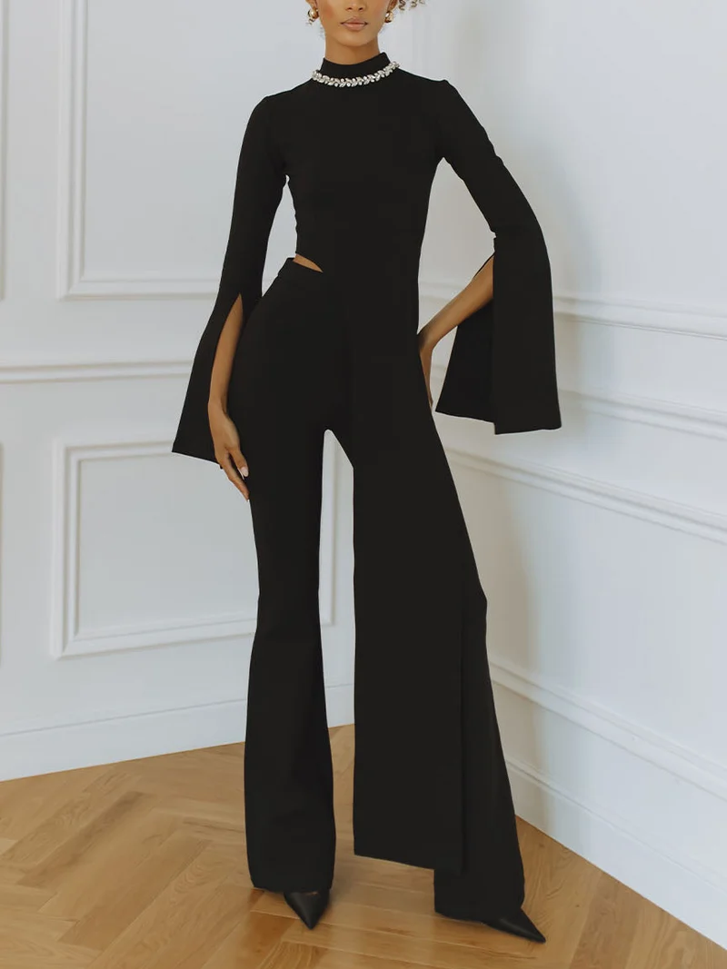 Elegant Rhinestone Color-blocked Irregular Two-piece Set