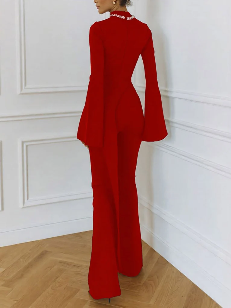 Elegant Rhinestone Color-blocked Irregular Two-piece Set