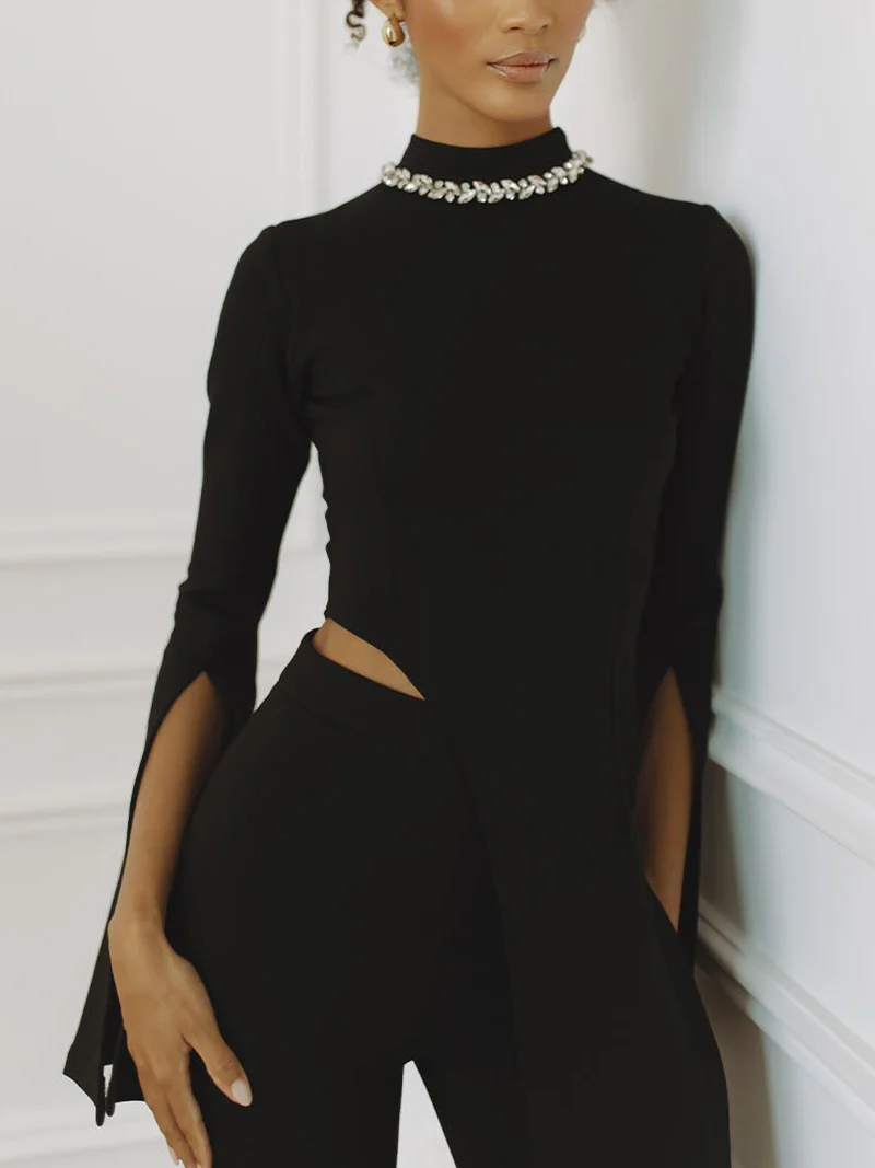 Elegant Rhinestone Color-blocked Irregular Two-piece Set