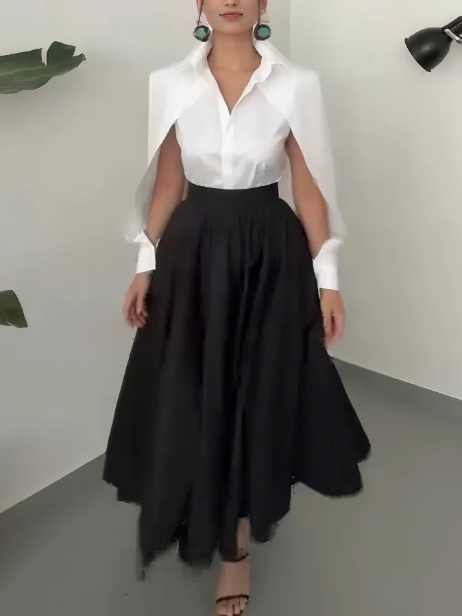 Elegant Cape-Shoulder Shirt And Asymmetrical A-Line Midi Skirt Set