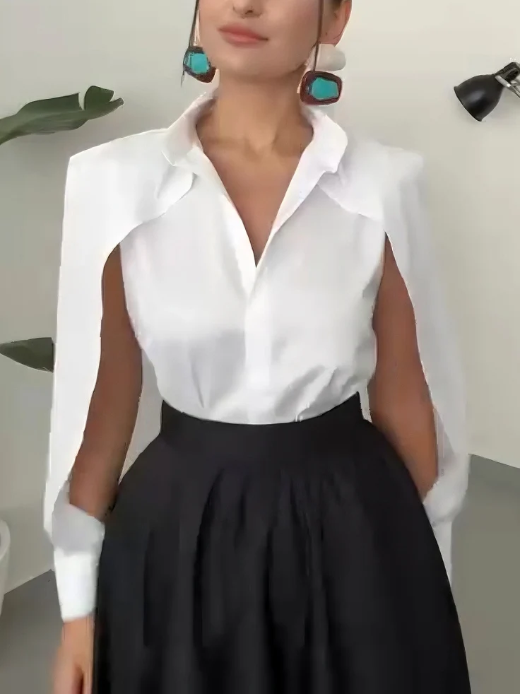 Elegant Cape-Shoulder Shirt And Asymmetrical A-Line Midi Skirt Set
