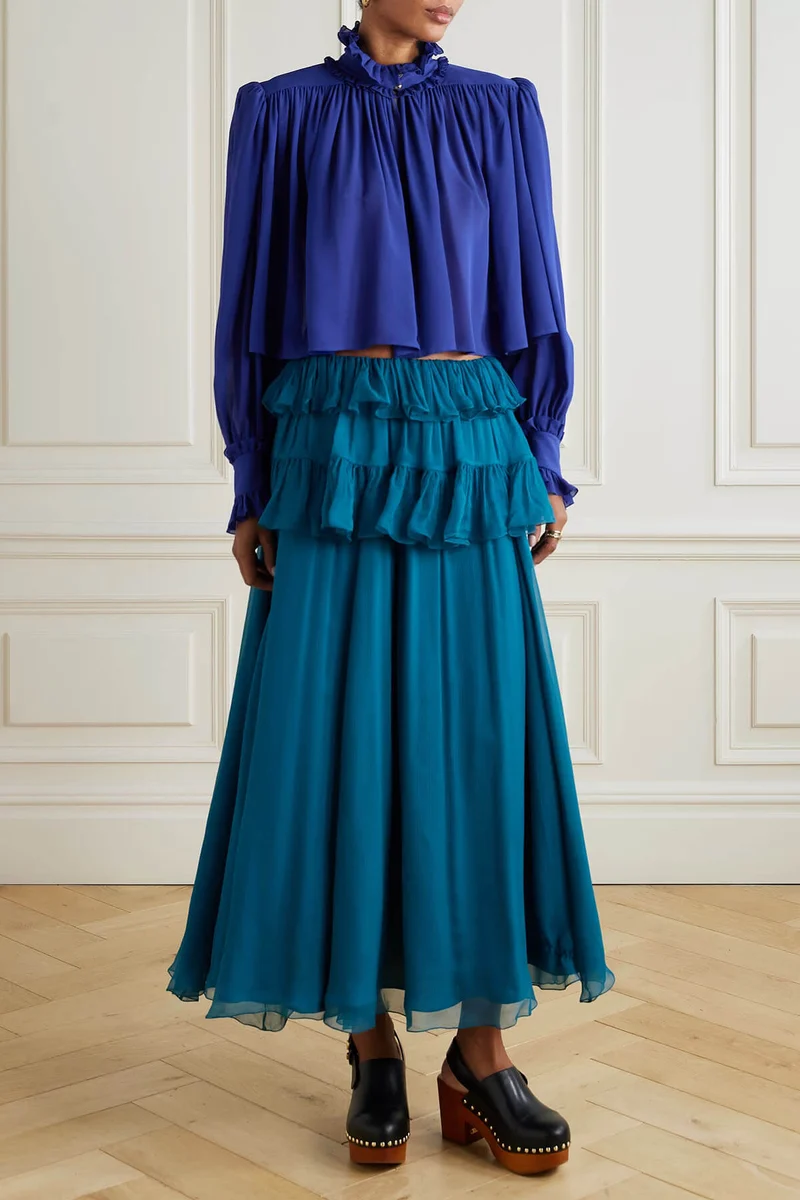 Exquisite High-Neck Ruffle Pleated Chiffon Loose Blouse