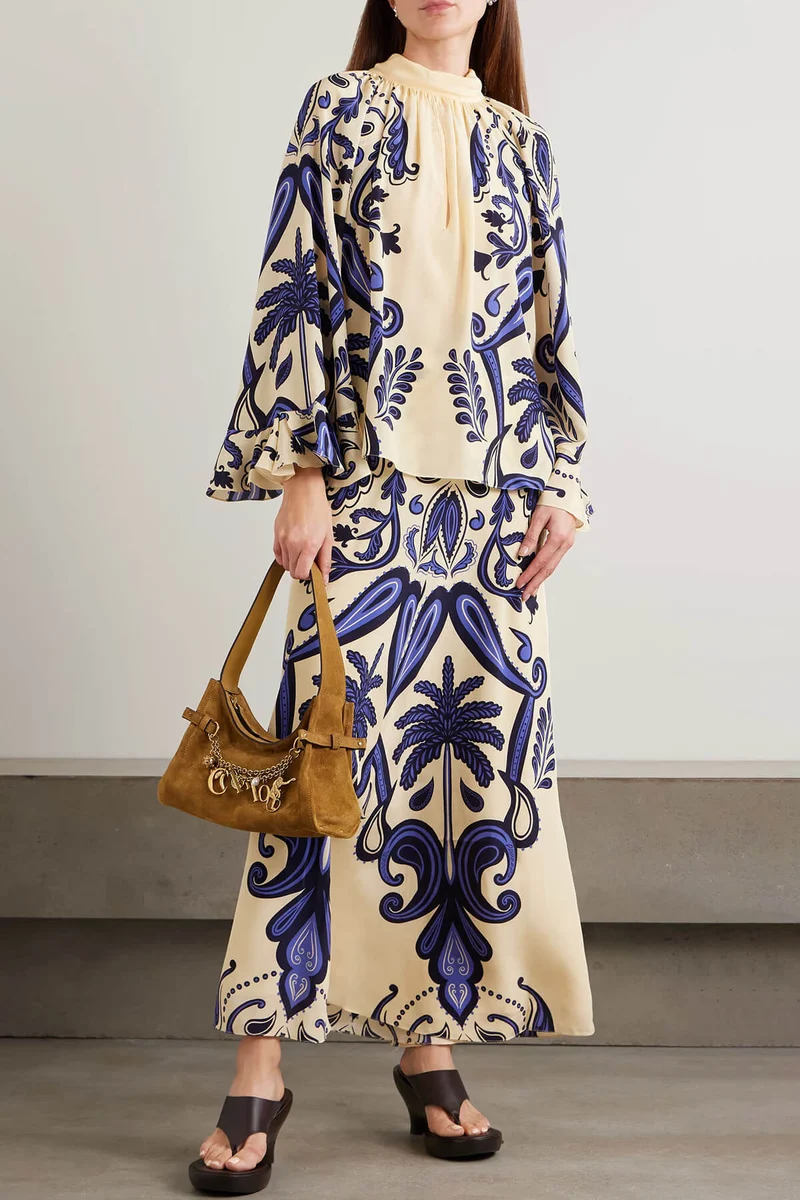 Exquisite Tie-Waisted Cutout Print Satin Loose-Fit Shirt