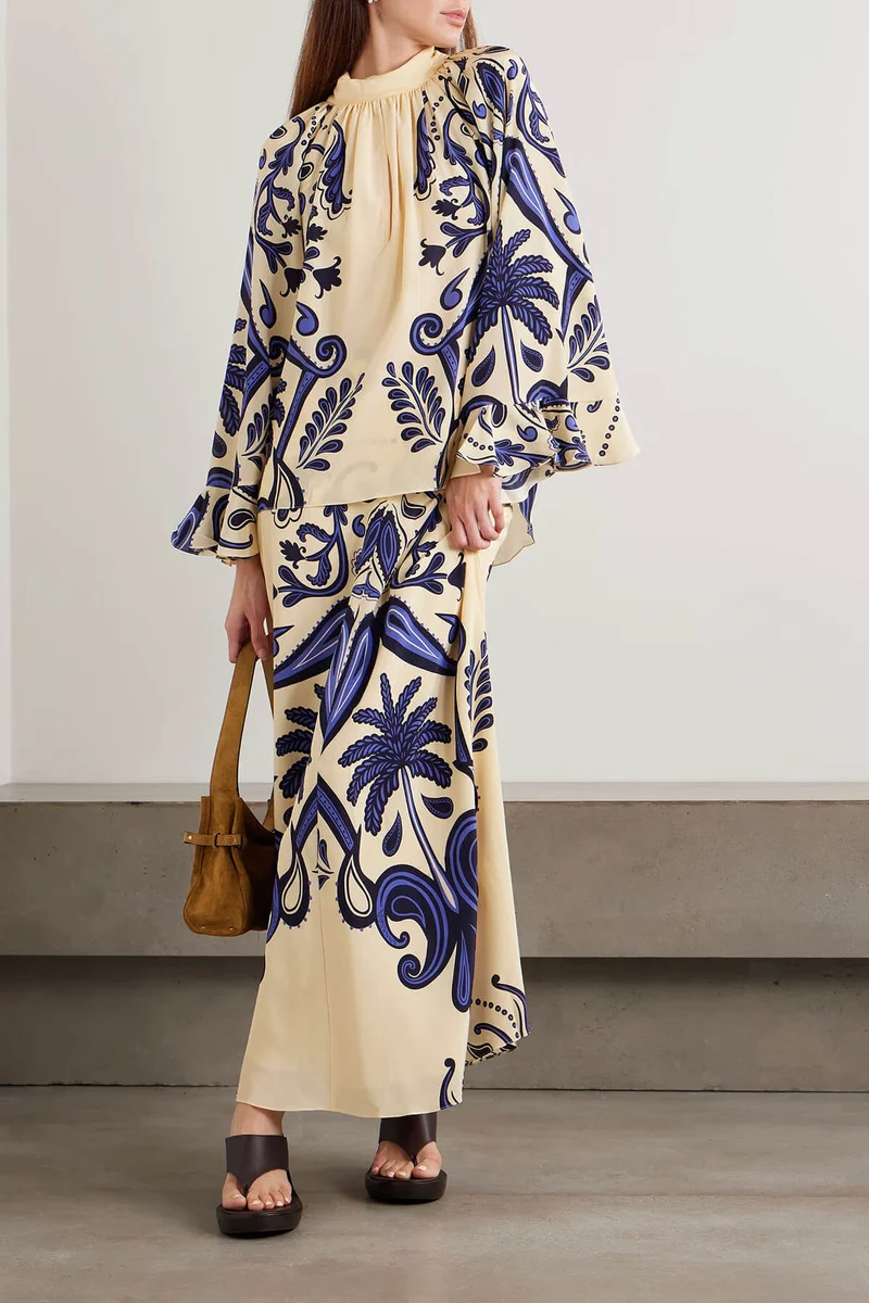 Exquisite Tie-Waisted Cutout Print Satin Loose-Fit Shirt