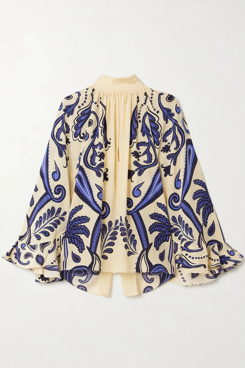 Exquisite Tie-Waisted Cutout Print Satin Loose-Fit Shirt